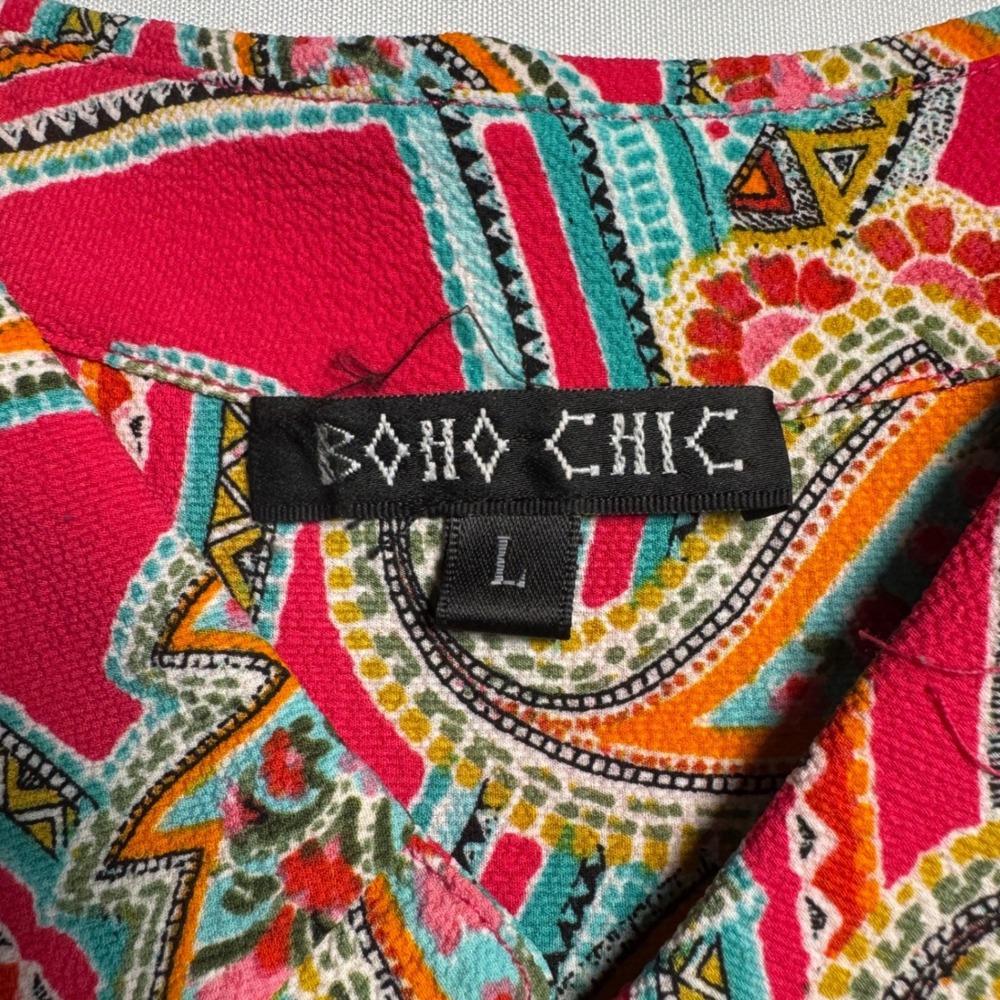 Boho Chic Womens Paisley Blouse Size Large Long Sleeve Tie Cuff Pink Multi - Picture 3 of 9
